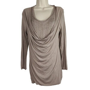 Soft Surroundings Top Draped Cowl Neck Women Size S Brown Beaded Long Slv 29466